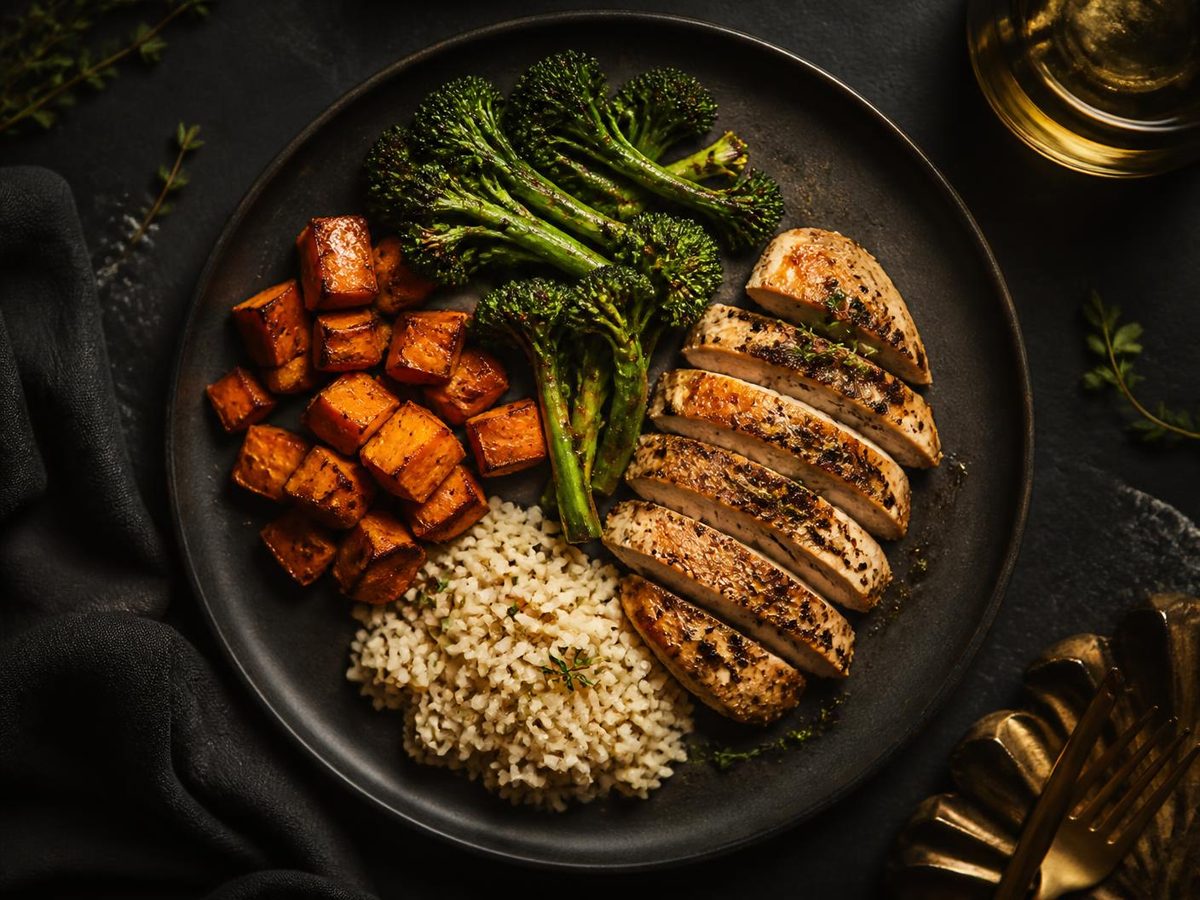 Balanced plate of chicken, sweet potato, broccolini and rice